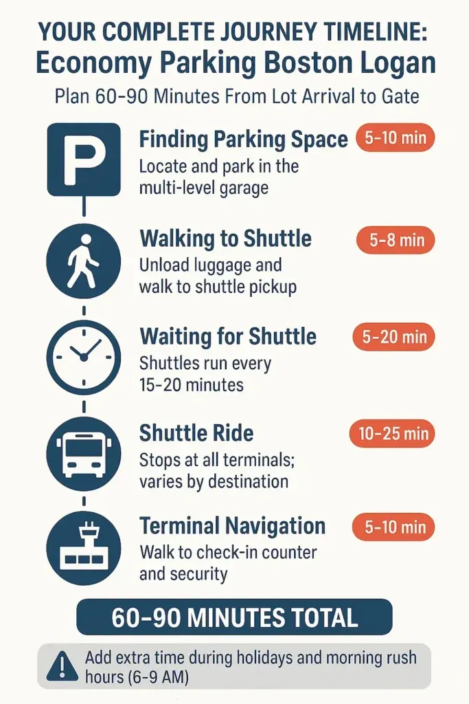 Step-by-step timeline showing 60-90 minutes needed for economy parking Boston Logan from arrival to terminal gate