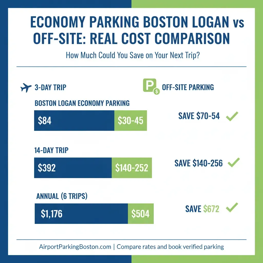 Boston Logan economy parking cost comparison chart showing savings of $70-252 per week with off-site parking facilities